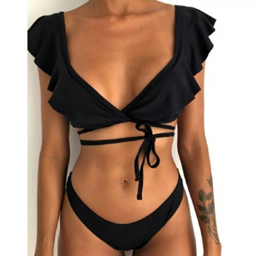 Black  Wrap Around Top High Leg Bottom Bikini Set